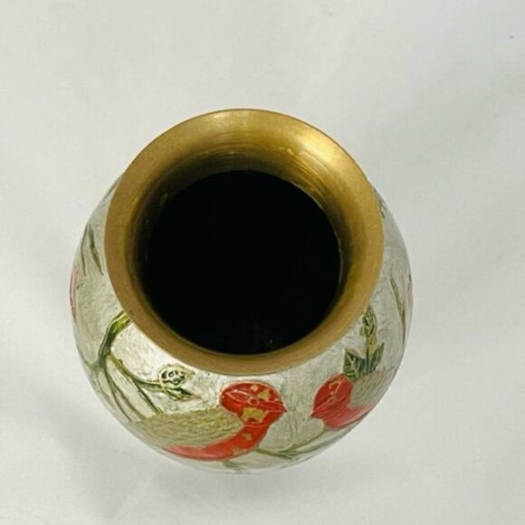 chinese cloisonne brass enamel Vase Gray Floral Birds 7.5" Very Good condition - - Picture 7 of 7